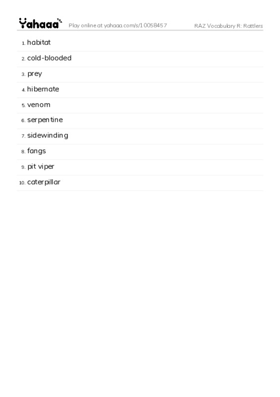 RAZ Vocabulary R: Rattlers PDF words glossary
