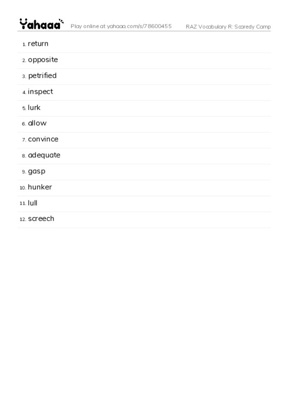 RAZ Vocabulary R: Scaredy Camp PDF words glossary