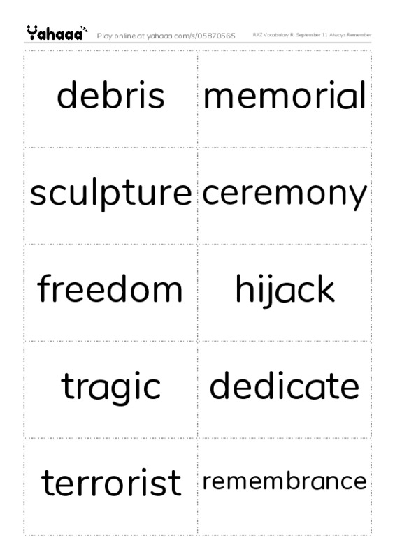 RAZ Vocabulary R: September 11 Always Remember PDF two columns flashcards