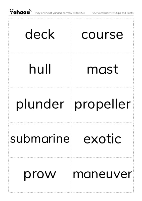 RAZ Vocabulary R: Ships and Boats PDF two columns flashcards