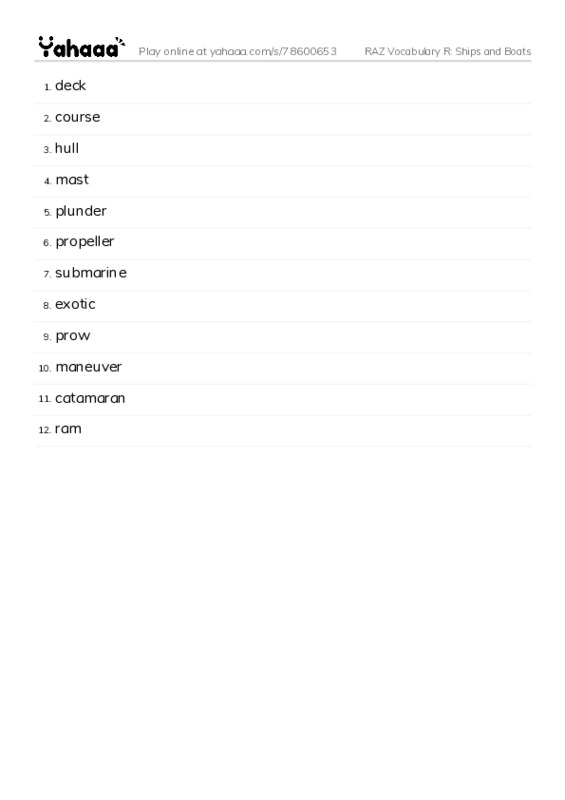 RAZ Vocabulary R: Ships and Boats PDF words glossary