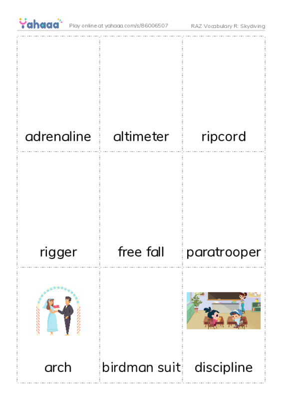RAZ Vocabulary R: Skydiving PDF flaschards with images