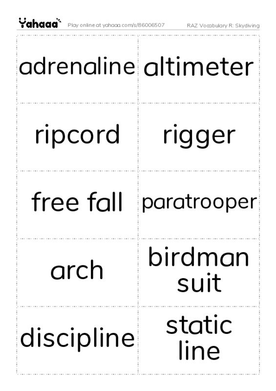 RAZ Vocabulary R: Skydiving PDF two columns flashcards