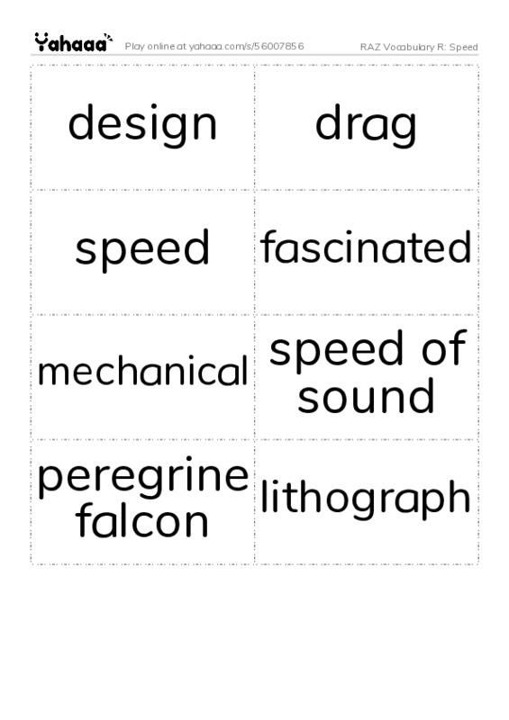 RAZ Vocabulary R: Speed PDF two columns flashcards