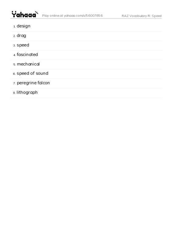 RAZ Vocabulary R: Speed PDF words glossary