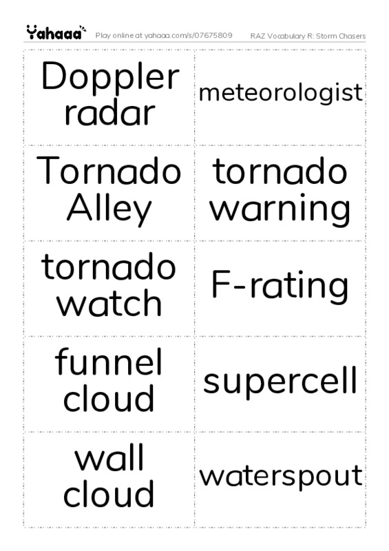 RAZ Vocabulary R: Storm Chasers PDF two columns flashcards