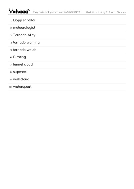 RAZ Vocabulary R: Storm Chasers PDF words glossary
