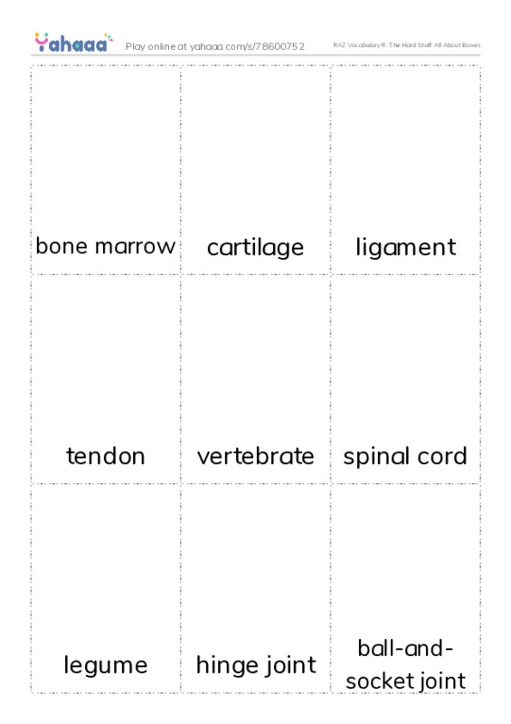 RAZ Vocabulary R: The Hard Stuff All About Bones PDF flaschards with images