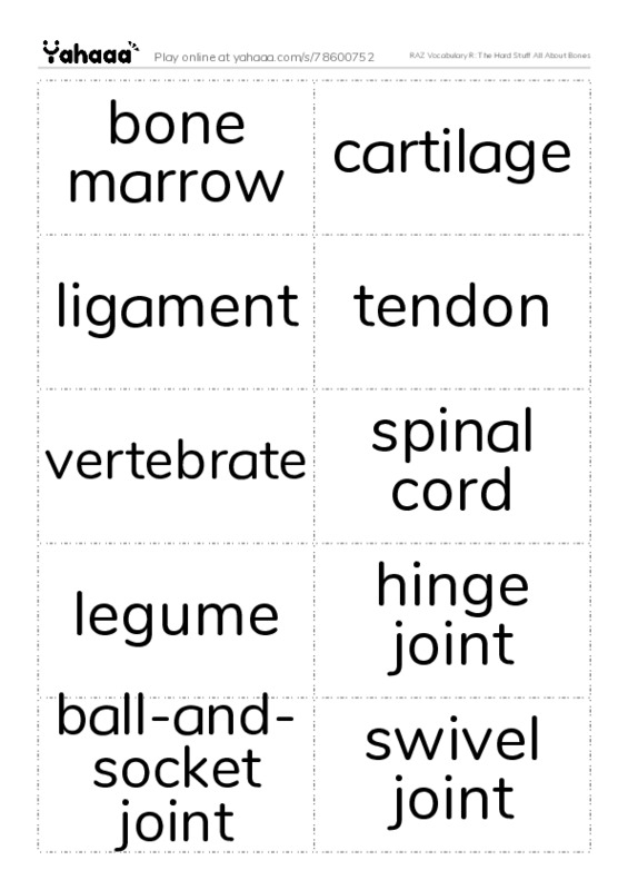 RAZ Vocabulary R: The Hard Stuff All About Bones PDF two columns flashcards