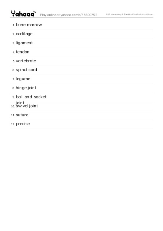 RAZ Vocabulary R: The Hard Stuff All About Bones PDF words glossary