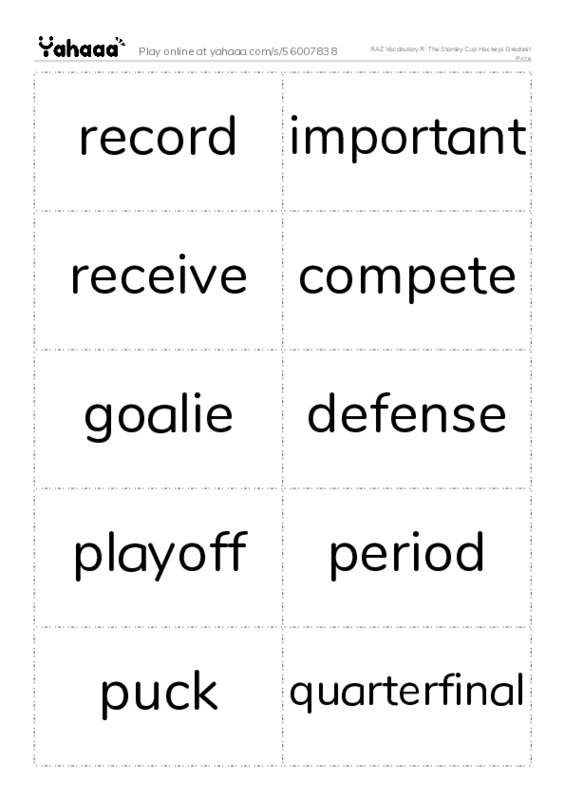 RAZ Vocabulary R: The Stanley Cup Hockeys Greatest Prize PDF two columns flashcards