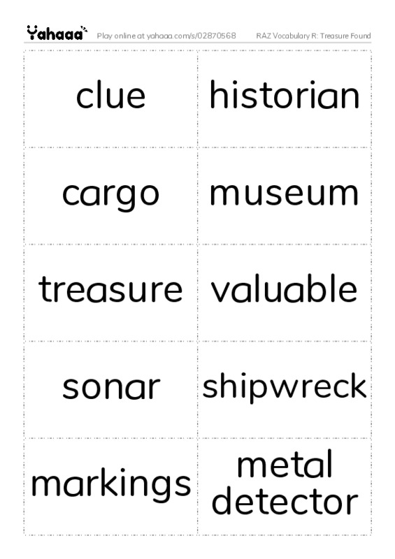 RAZ Vocabulary R: Treasure Found PDF two columns flashcards