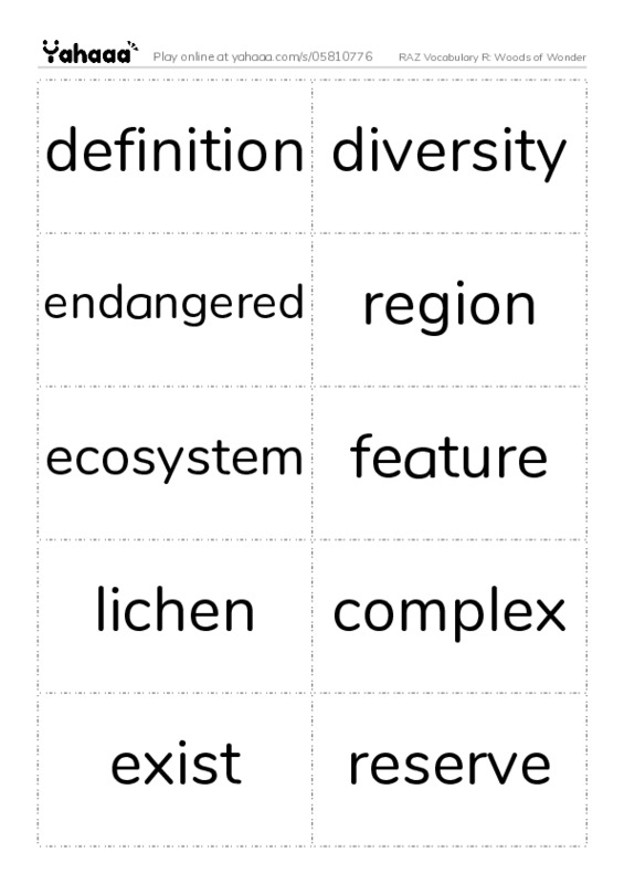 RAZ Vocabulary R: Woods of Wonder PDF two columns flashcards
