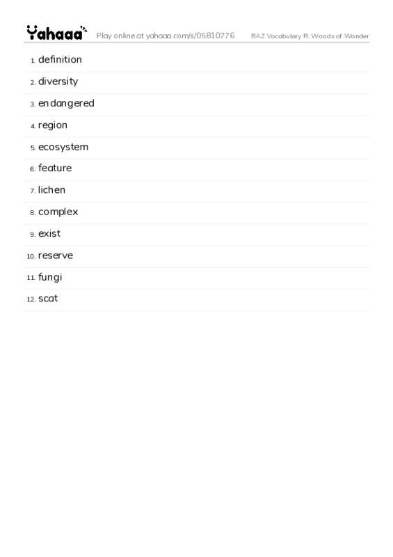 RAZ Vocabulary R: Woods of Wonder PDF words glossary