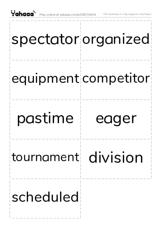 RAZ Vocabulary S: A Big League for Little Players PDF two columns flashcards