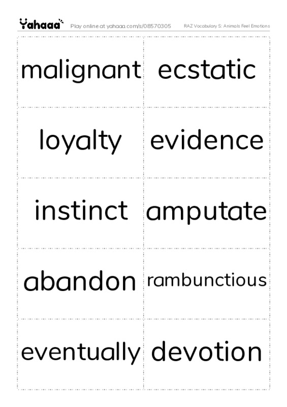 RAZ Vocabulary S: Animals Feel Emotions PDF two columns flashcards