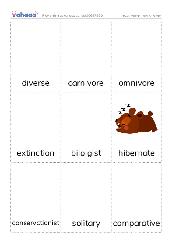 RAZ Vocabulary S: Bears PDF flaschards with images