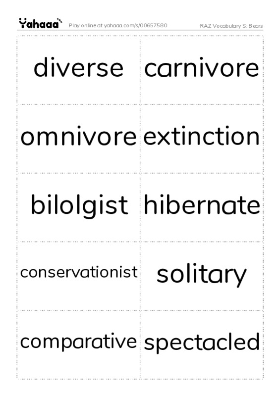 RAZ Vocabulary S: Bears PDF two columns flashcards
