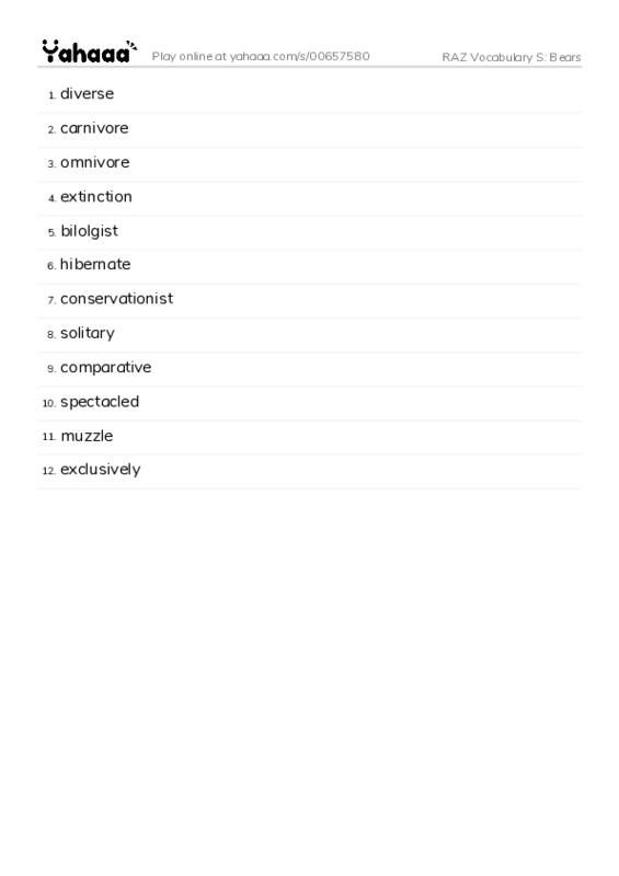 RAZ Vocabulary S: Bears PDF words glossary