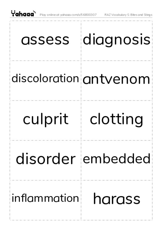RAZ Vocabulary S: Bites and Stings PDF two columns flashcards