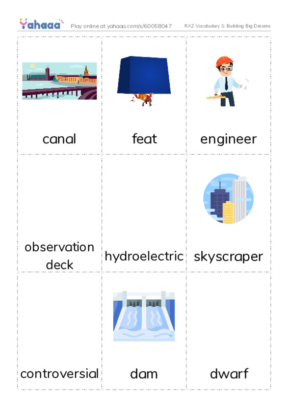 RAZ Vocabulary S: Building Big Dreams PDF flaschards with images