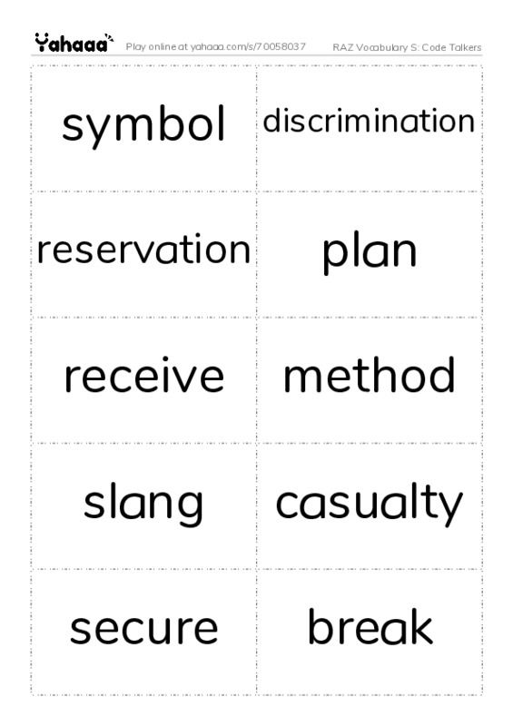 RAZ Vocabulary S: Code Talkers PDF two columns flashcards