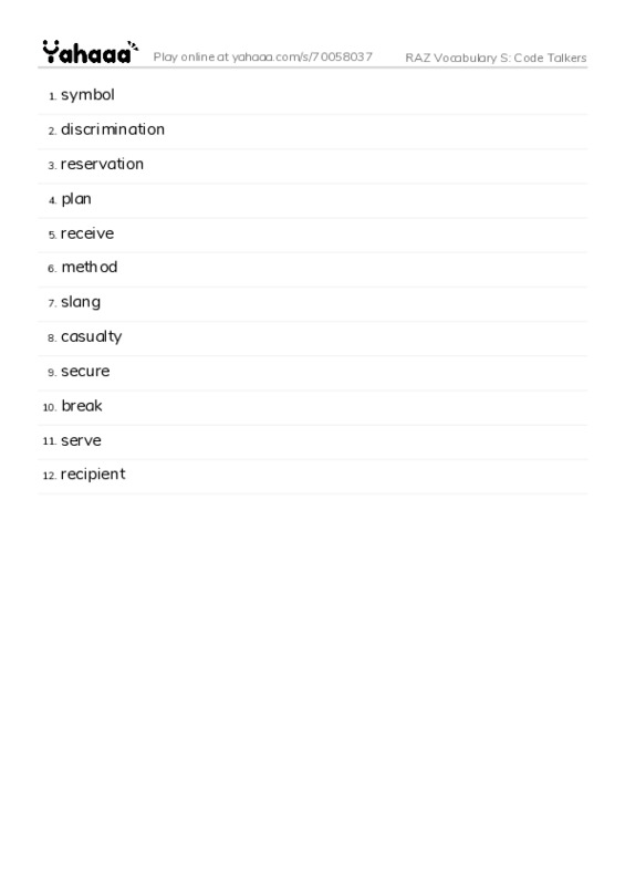 RAZ Vocabulary S: Code Talkers PDF words glossary