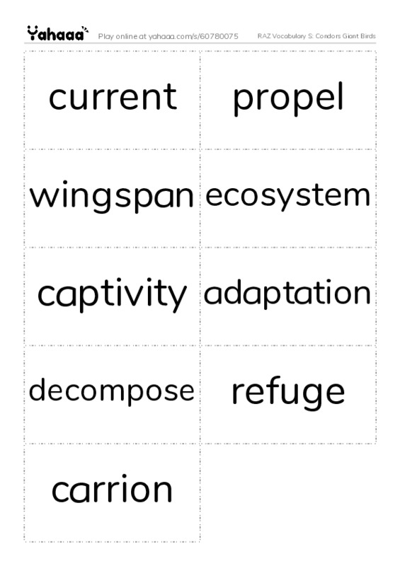 RAZ Vocabulary S: Condors Giant Birds PDF two columns flashcards