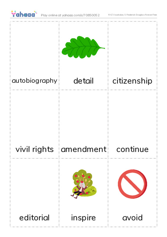 RAZ Vocabulary S: Frederick Douglass Forever Free PDF flaschards with images