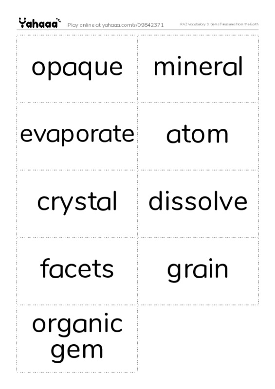 RAZ Vocabulary S: Gems Treasures from the Earth PDF two columns flashcards
