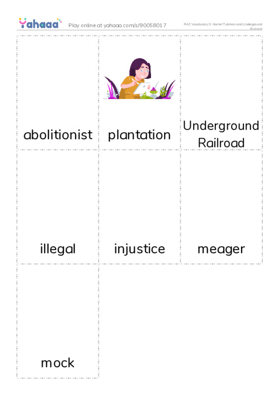 RAZ Vocabulary S: Harriet Tubman and Underground Railroad PDF flaschards with images