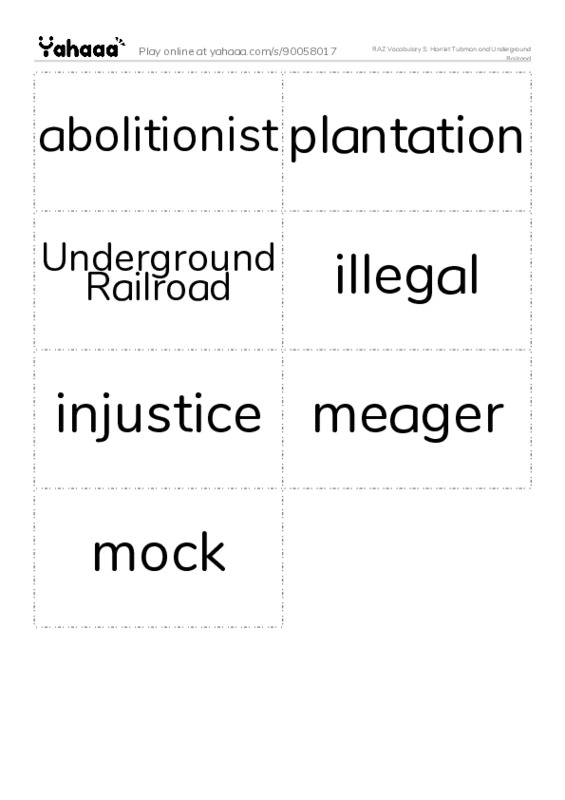 RAZ Vocabulary S: Harriet Tubman and Underground Railroad PDF two columns flashcards