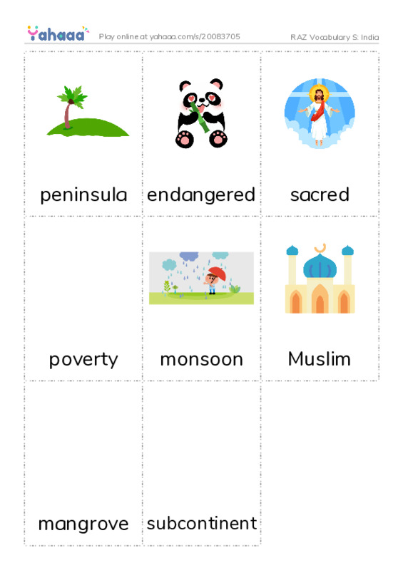 RAZ Vocabulary S: India PDF flaschards with images