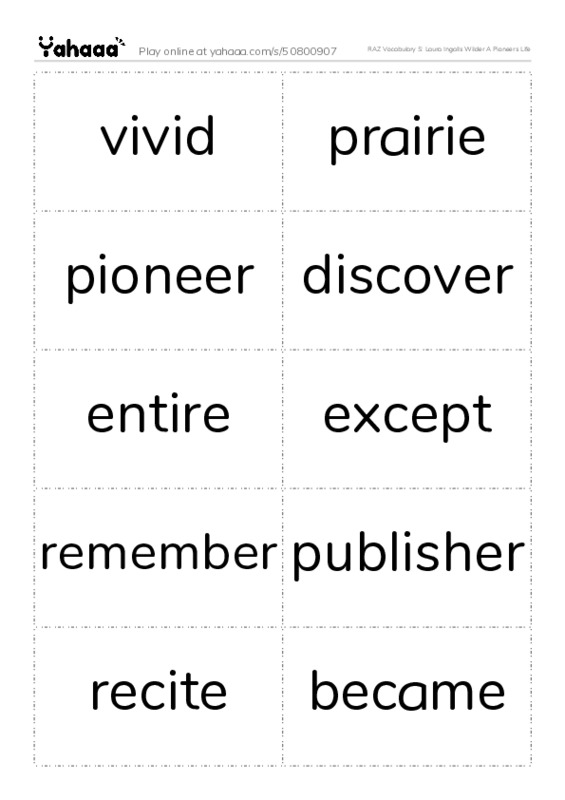 RAZ Vocabulary S: Laura Ingalls Wilder A Pioneers Life PDF two columns flashcards