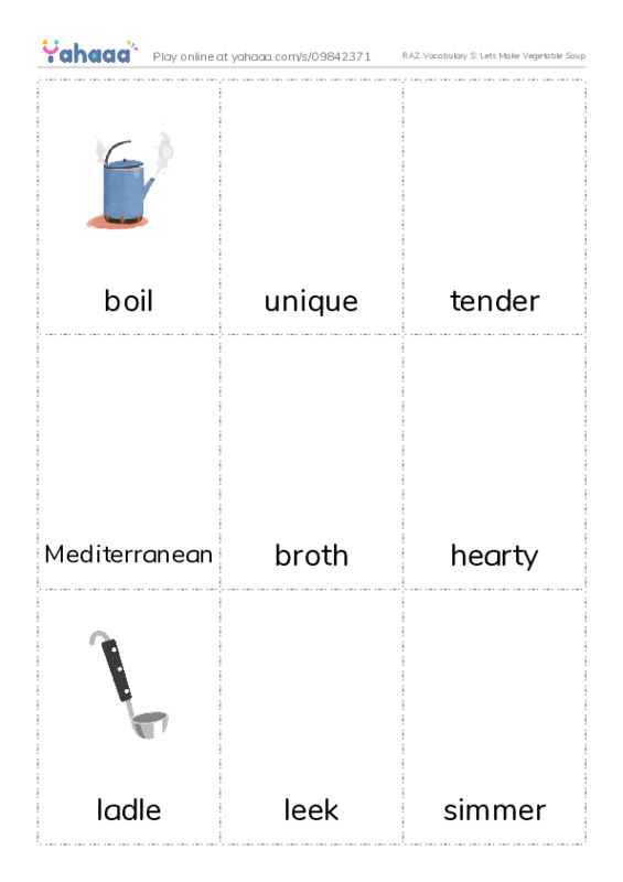 RAZ Vocabulary S: Lets Make Vegetable Soup PDF flaschards with images