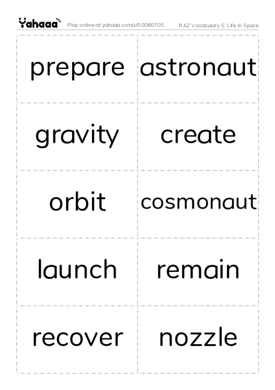 RAZ Vocabulary S: Life in Space PDF two columns flashcards