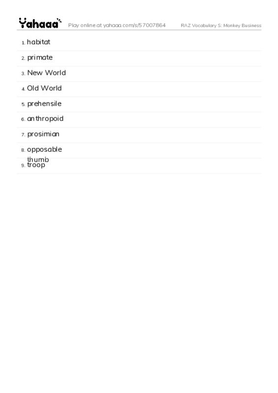 RAZ Vocabulary S: Monkey Business PDF words glossary