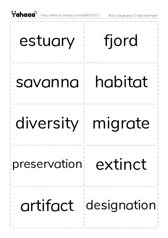 RAZ Vocabulary S: National Parks PDF two columns flashcards