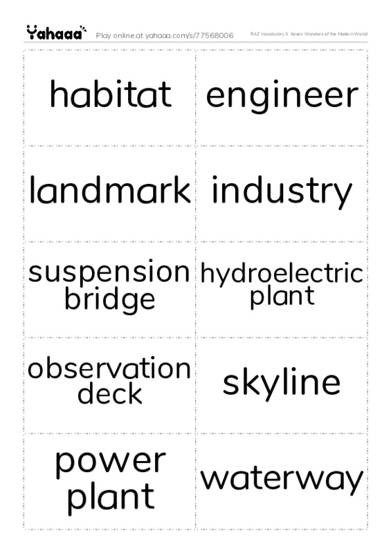 RAZ Vocabulary S: Seven Wonders of the Modern World PDF two columns flashcards