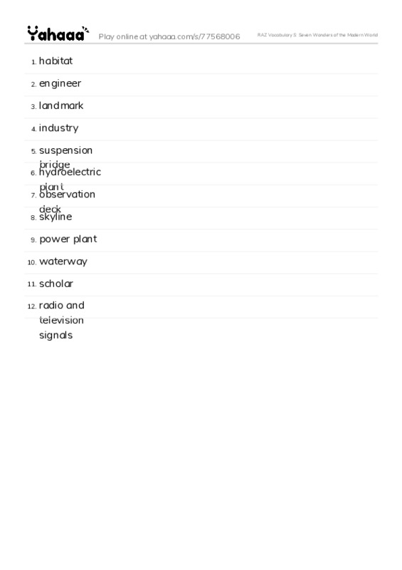 RAZ Vocabulary S: Seven Wonders of the Modern World PDF words glossary