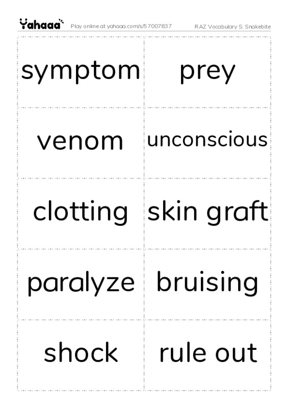 RAZ Vocabulary S: Snakebite PDF two columns flashcards