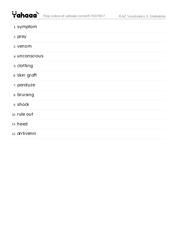 RAZ Vocabulary S: Snakebite PDF words glossary