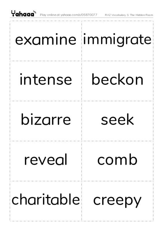 RAZ Vocabulary S: The Hidden Room PDF two columns flashcards