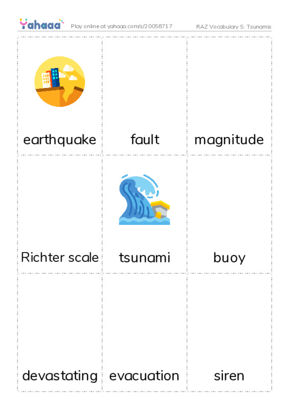RAZ Vocabulary S: Tsunamis PDF flaschards with images