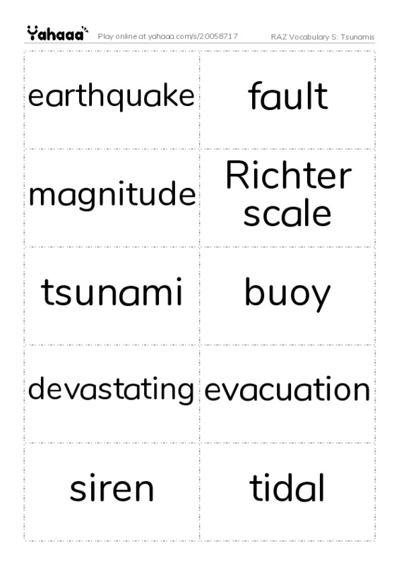 RAZ Vocabulary S: Tsunamis PDF two columns flashcards