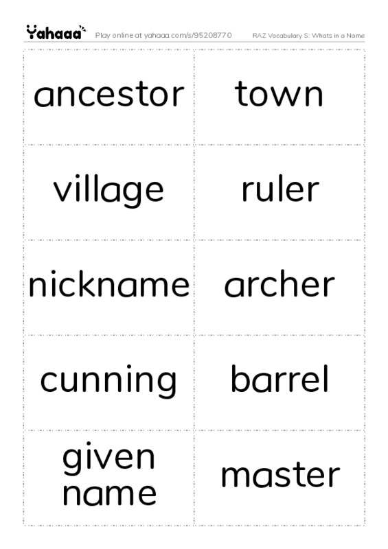 RAZ Vocabulary S: Whats in a Name PDF two columns flashcards