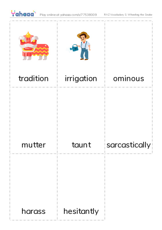 RAZ Vocabulary S: Wheeling the Snake PDF flaschards with images