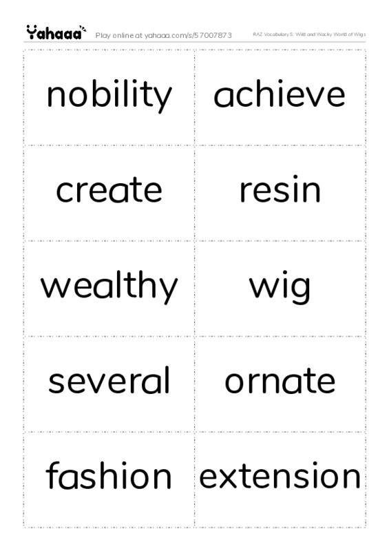 RAZ Vocabulary S: Wild and Wacky World of Wigs PDF two columns flashcards