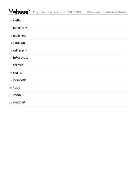 RAZ Vocabulary T: A Landforms Adventure PDF words glossary