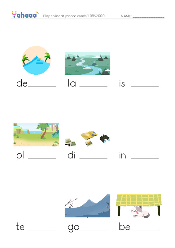 RAZ Vocabulary T: A Landforms Adventure PDF worksheet to fill in words gaps